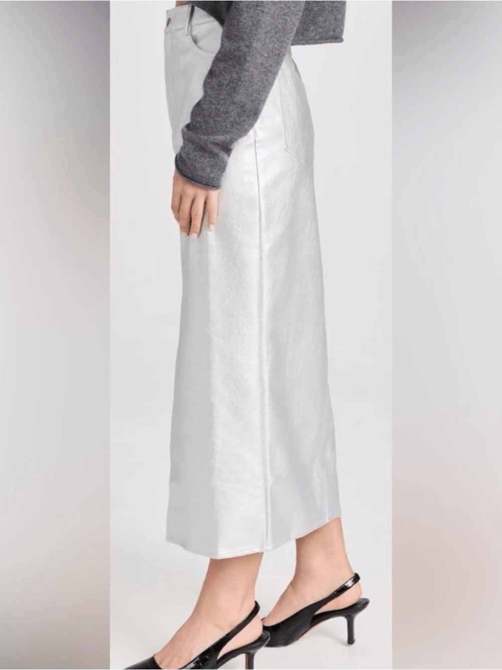 WAYF Metallic Silver Faux Leather Midi Skirt M NWT Coated Quiet Luxury Moto - Picture 5 of 15